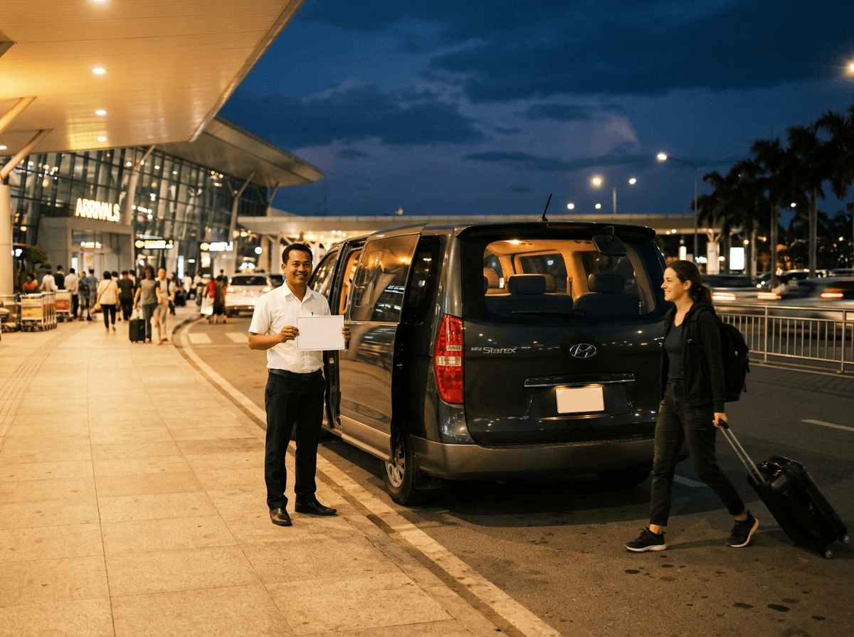 VIP Executive Van with a driver holding a name sign at the Siem Reap airport arrivals curb